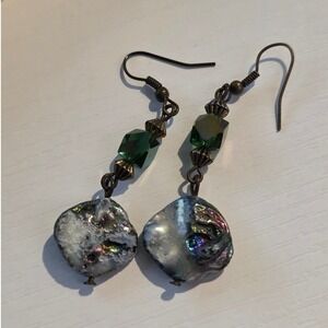 Handmade 1.5" Green Abalone‎ Aurora Borealis Beaded Drop Earrings